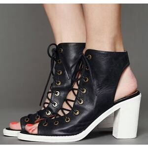 Jeffrey Campbell x Free People Minimal Lace-Up Peep Toe Cutout Heels Boots Black